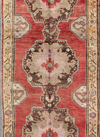 Gallery Vintage Oushak Carpet with Lustroud Wool and Three Central Medallions Vintage Oushak Carpet with Three Central Medallions rug/tu - trs - 104 origin/turkey This beautiful vintage Oushak runner from mid - 20th Century Turkey features ... - Keivan Woven ArtsTU - TRS - 104 - 2820Rug