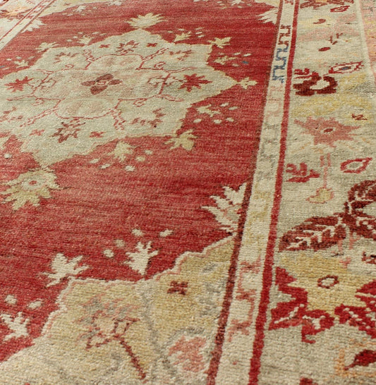 Measures: 3'5 x 5'6 Red Field Vintage Turkish Oushak Rug with Geometric Medallion And Floral Motifs. Keivan Woven Arts / rug TU - TRS - 136045, country of origin / type: Turkey / Oushak, circa 1940. This vintage Turkish Oushak rug (circa mid - ... - Keivan Woven ArtsTU - TRS - 136045 - 5060