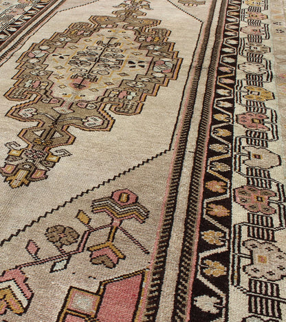 Vintage Turkey Oushak Rug with Tribal Geometric Medallion Design Measures: 3'9 x 7'7 This vintage Turkish Oushak carpet, (circa 1940) features a central medallion design, as well as patterns of smaller tribal - geometric elements in the fo... - Keivan Woven ArtsTU - TRS - 136080 - 4632Rug