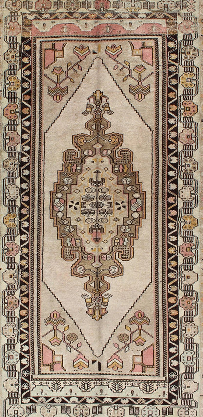 Vintage Turkey Oushak Rug with Tribal Geometric Medallion Design Measures: 3'9 x 7'7 This vintage Turkish Oushak carpet, (circa 1940) features a central medallion design, as well as patterns of smaller tribal - geometric elements in the fo... - Keivan Woven ArtsTU - TRS - 136080 - 4632Rug