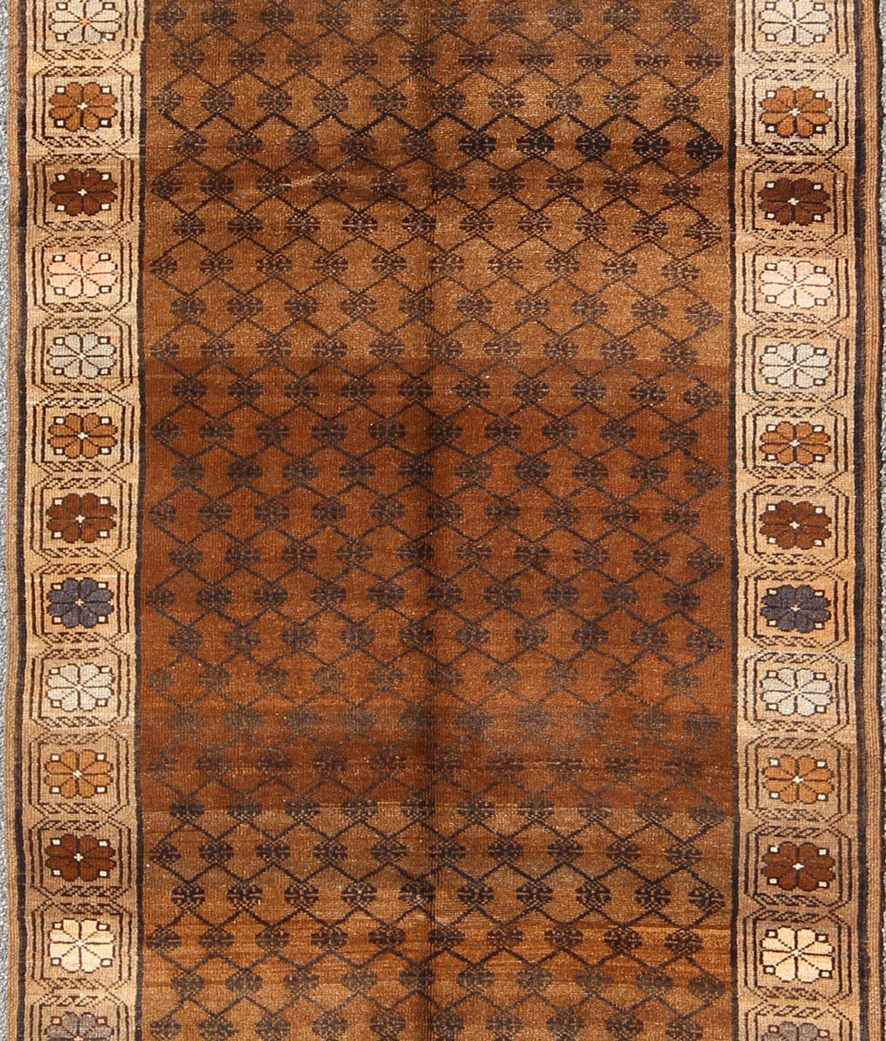 Vintage Turkish Kars Tribal Rug with All - Over Modern Design in Brown Colors kwarugs tu - trs - 136086 Set on a mocha and brown field with an all - over modern/Mid - Century Modern pattern, this beautiful Kars rug features cross - latch and lattice work. T... - Keivan Woven ArtsTU - TRS - 136086 - 5074Rug