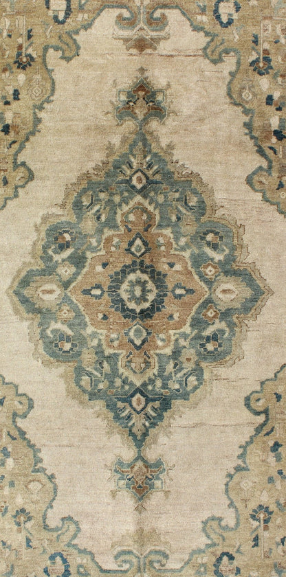 Muted Turkish Rug with Floral Design in Blue, Green, Light Taupe, Ivory & Cream Measures: 5'2 x 9'11. This vintage Turkish Oushak rug features a unique blend of colors and an intricately beautiful design. The multi - layered central medall... - Keivan Woven ArtsTU - TRS - 136516 - 5096Rug