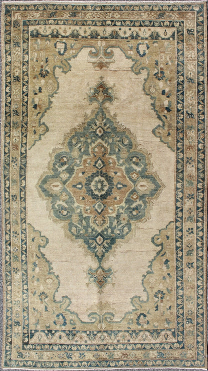Muted Turkish Rug with Floral Design in Blue, Green, Light Taupe, Ivory & Cream Measures: 5'2 x 9'11. This vintage Turkish Oushak rug features a unique blend of colors and an intricately beautiful design. The multi - layered central medall... - Keivan Woven ArtsTU - TRS - 136516 - 5096Rug