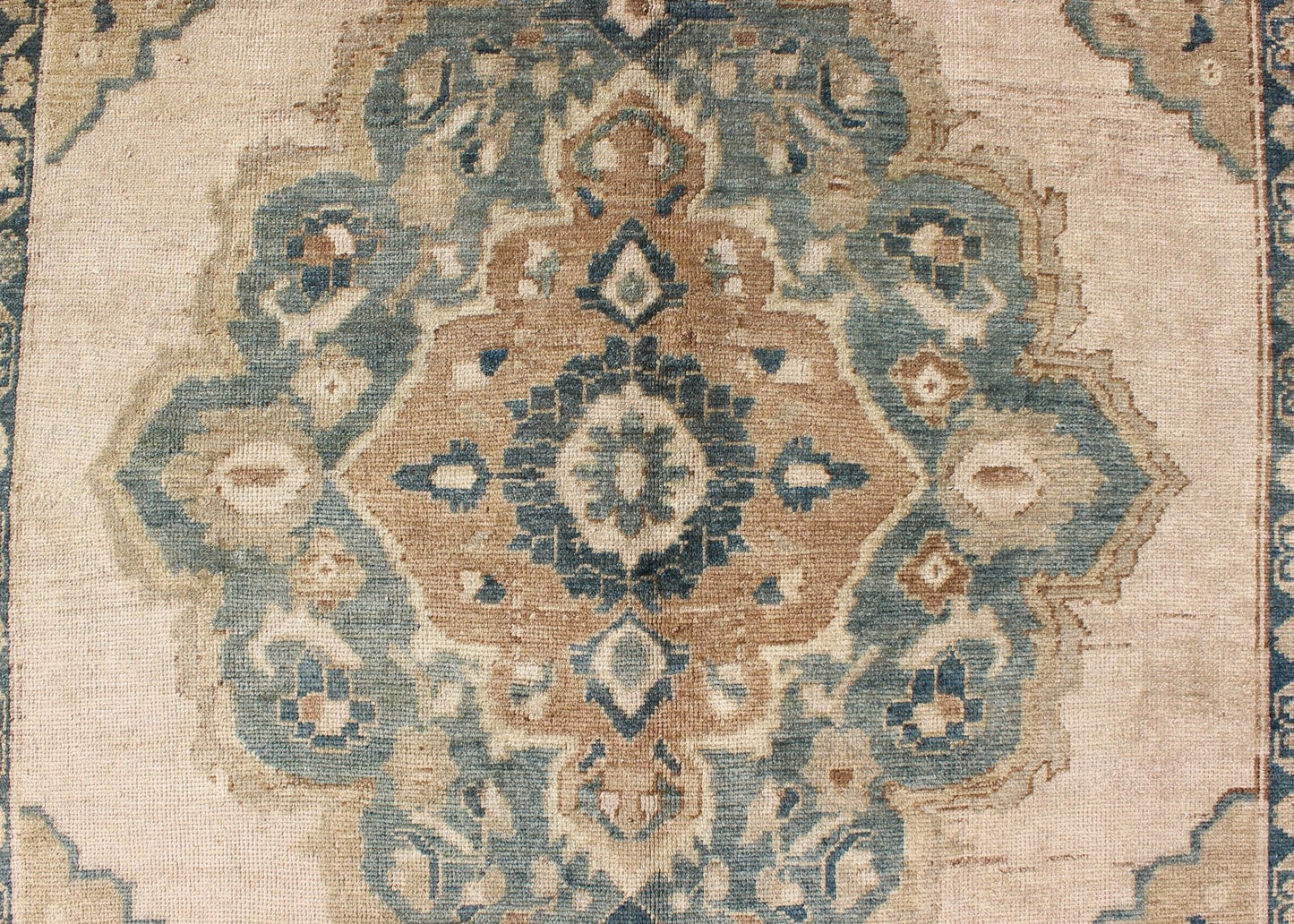 Muted Turkish Rug with Floral Design in Blue, Green, Light Taupe, Ivory & Cream Measures: 5'2 x 9'11. This vintage Turkish Oushak rug features a unique blend of colors and an intricately beautiful design. The multi - layered central medall... - Keivan Woven ArtsTU - TRS - 136516 - 5096Rug