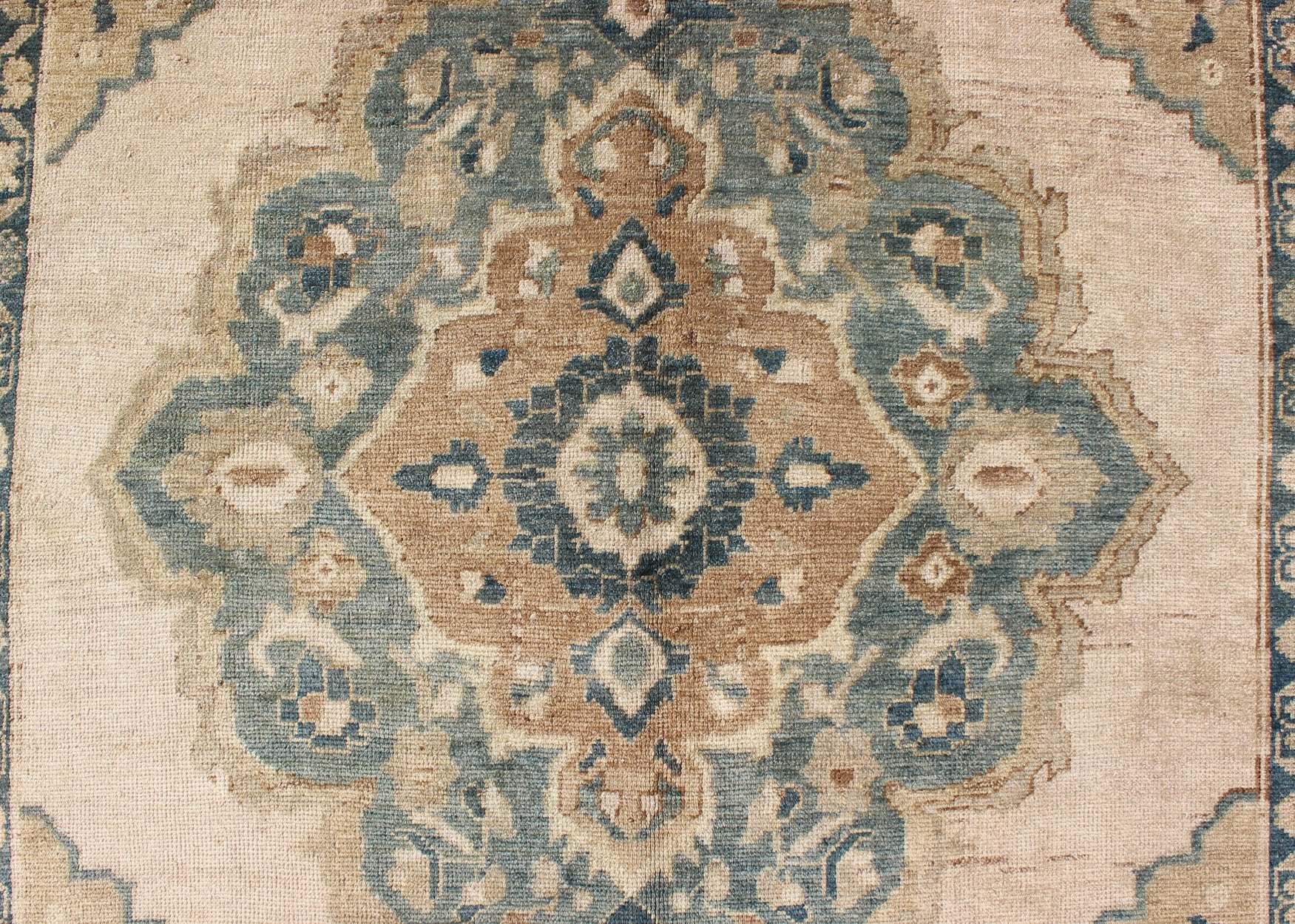 Muted Turkish Rug with Floral Design in Blue, Green, Light Taupe, Ivory & Cream Measures: 5'2 x 9'11. This vintage Turkish Oushak rug features a unique blend of colors and an intricately beautiful design. The multi - layered central medall... - Keivan Woven ArtsTU - TRS - 136516 - 5096Rug