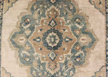 Muted Turkish Rug with Floral Design in Blue, Green, Light Taupe, Ivory & Cream Measures: 5'2 x 9'11. This vintage Turkish Oushak rug features a unique blend of colors and an intricately beautiful design. The multi - layered central medall... - Keivan Woven ArtsTU - TRS - 136516 - 5096Rug