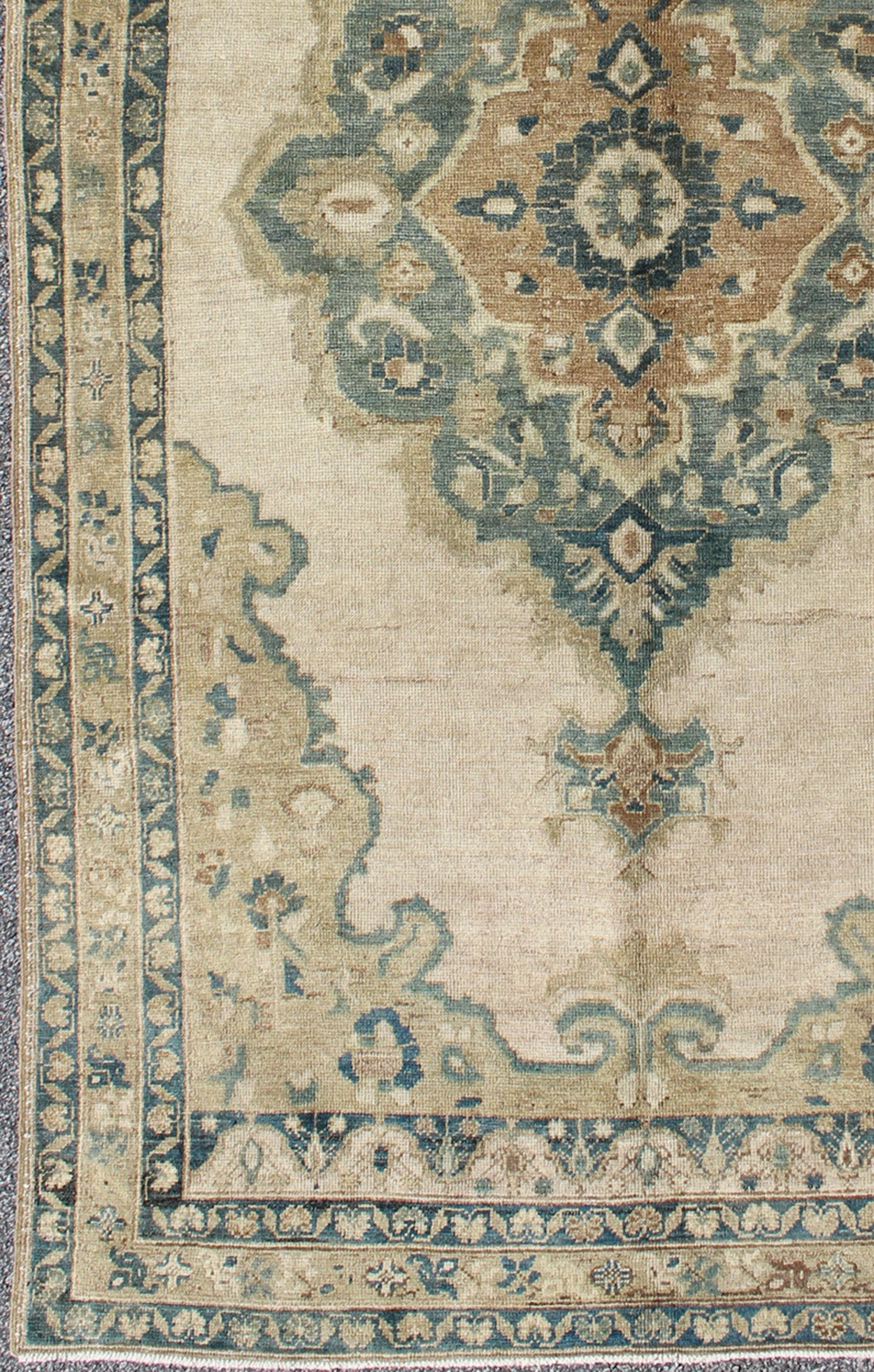 Muted Turkish Rug with Floral Design in Blue, Green, Light Taupe, Ivory & Cream Measures: 5'2 x 9'11. This vintage Turkish Oushak rug features a unique blend of colors and an intricately beautiful design. The multi - layered central medall... - Keivan Woven ArtsTU - TRS - 136516 - 5096Rug