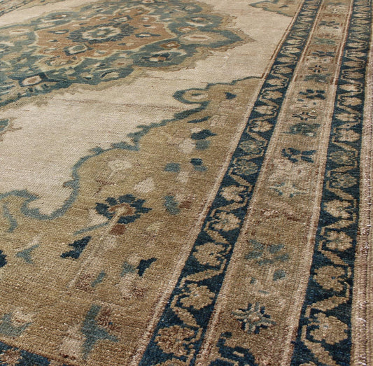 Muted Turkish Rug with Floral Design in Blue, Green, Light Taupe, Ivory & Cream Measures: 5'2 x 9'11. This vintage Turkish Oushak rug features a unique blend of colors and an intricately beautiful design. The multi - layered central medall... - Keivan Woven ArtsTU - TRS - 136516 - 5096Rug