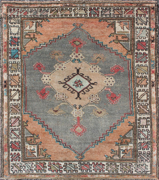 Turkish Hand Knotted Oushak Vintage Small Carpet in Light Orange and Light Gray Vintage Oushak small carpet from Turkey in light orange and light gray, rug/TU - TRS - 136585, Keivan Woven Arts / country of origin / type: Turkey / Oushak, circa 1950 ... - Keivan Woven ArtsTU - TRS - 136585 - 9540Rug
