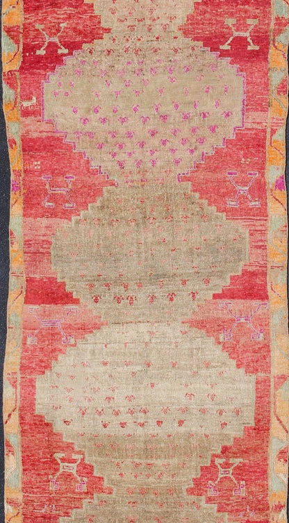 Vibrant Turkish Vintage Runner in Faded Red, Coral, Orange, Pink and Green kwarugs Turkish runner with bright colors, rug tu - trs - 176025, Keivan Woven Arts / country of origin / type: Turkey / Oushak, circa 1950 This fun and vibrant Oushak... - Keivan Woven ArtsTU - TRS - 176025 - 11451Rug
