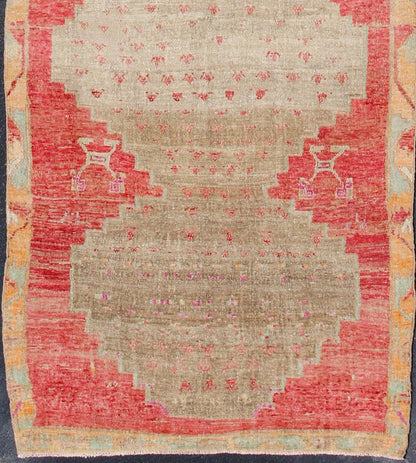 Vibrant Turkish Vintage Runner in Faded Red, Coral, Orange, Pink and Green kwarugs Turkish runner with bright colors, rug tu - trs - 176025, Keivan Woven Arts / country of origin / type: Turkey / Oushak, circa 1950 This fun and vibrant Oushak... - Keivan Woven ArtsTU - TRS - 176025 - 11451Rug