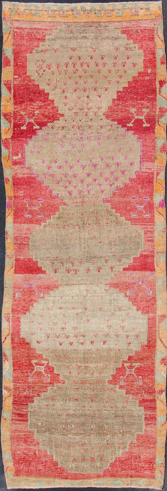 Vibrant Turkish Vintage Runner in Faded Red, Coral, Orange, Pink and Green kwarugs Turkish runner with bright colors, rug tu - trs - 176025, Keivan Woven Arts / country of origin / type: Turkey / Oushak, circa 1950 This fun and vibrant Oushak... - Keivan Woven ArtsTU - TRS - 176025 - 11451