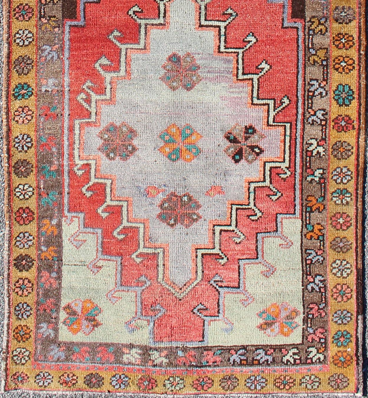Vintage Turkish Oushak runner with Sub - geometric tribal medallions in brown, red, rug tu - TRS - 3251, country of origin / type: Turkey / Oushak, circa 1940 This vintage Oushak runner features a unique blend of cheerful colors and an intricately bea... - Keivan Woven ArtsTU - TRS - 3251 - 6408Rug
