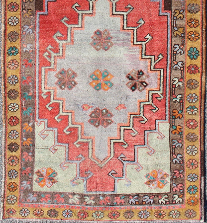 Vintage Turkish Oushak runner with Sub - geometric tribal medallions in brown, red, rug tu - TRS - 3251, country of origin / type: Turkey / Oushak, circa 1940 This vintage Oushak runner features a unique blend of cheerful colors and an intricately bea... - Keivan Woven ArtsTU - TRS - 3251 - 6408Rug
