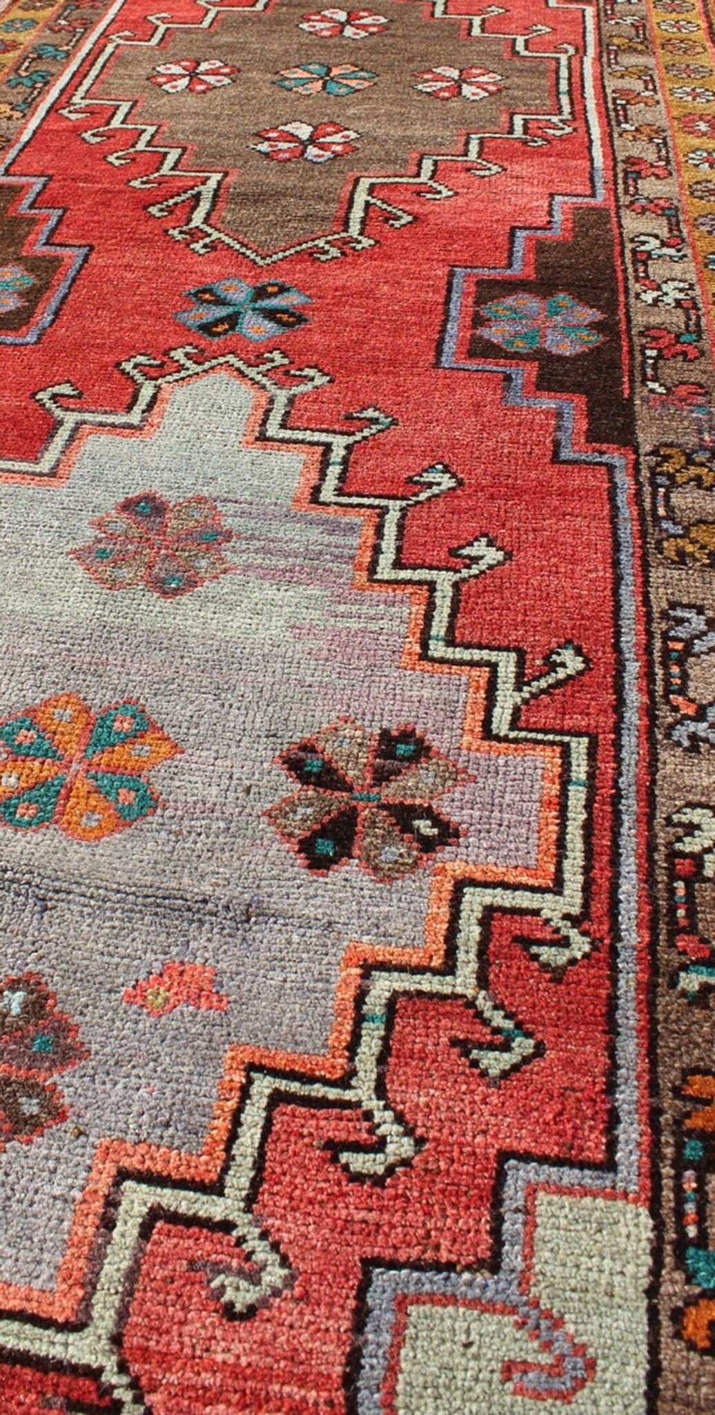 Vintage Turkish Oushak runner with Sub - geometric tribal medallions in brown, red, rug tu - TRS - 3251, country of origin / type: Turkey / Oushak, circa 1940 This vintage Oushak runner features a unique blend of cheerful colors and an intricately bea... - Keivan Woven ArtsTU - TRS - 3251 - 6408Rug