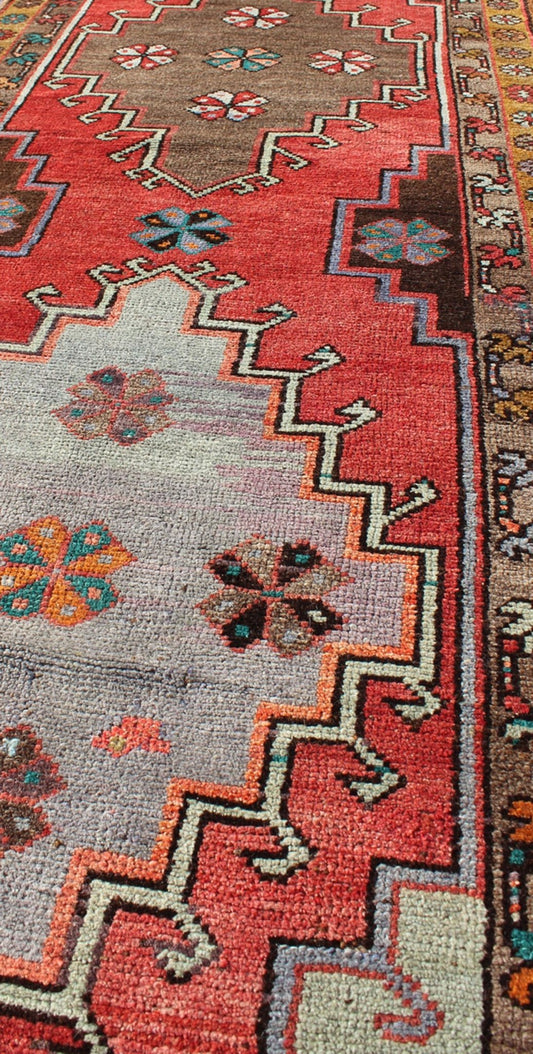 Vintage Turkish Oushak runner with Sub - geometric tribal medallions in brown, red, rug tu - TRS - 3251, country of origin / type: Turkey / Oushak, circa 1940 This vintage Oushak runner features a unique blend of cheerful colors and an intricately bea... - Keivan Woven ArtsTU - TRS - 3251 - 6408