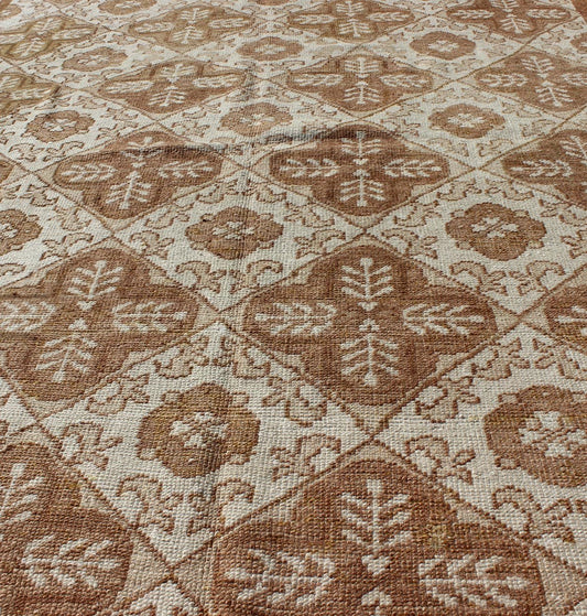 All - Over Blossom and Palmette Design Vintage Turkish Oushak Rug in Brown Tones Measures: 4'4 x 7'7. This Oushak carpet (circa mid - 20th century) features an all - over pattern of interconnected, vertically - arranged blossom and palmette motif... - Keivan Woven ArtsTU - TRS - 3254 - 6201Rug