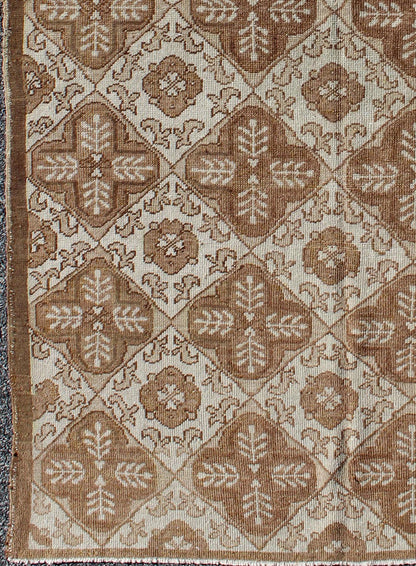 All - Over Blossom and Palmette Design Vintage Turkish Oushak Rug in Brown Tones Measures: 4'4 x 7'7. This Oushak carpet (circa mid - 20th century) features an all - over pattern of interconnected, vertically - arranged blossom and palmette motif... - Keivan Woven ArtsTU - TRS - 3254 - 6201Rug