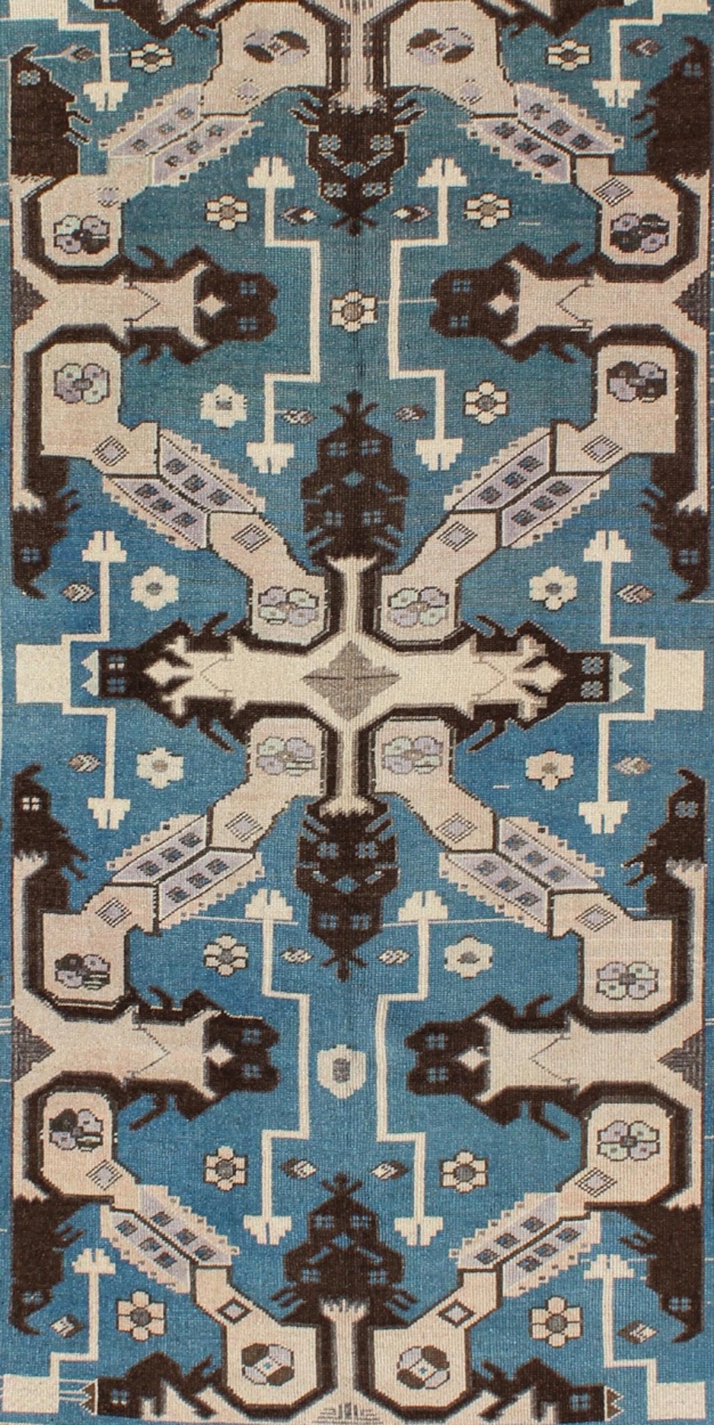 Turkish Rug with Unique Blue and Brown Colors - This stunning Turkish rug features a large geometric design and a unique color combination. Set on a blue background, this Turkish rug has variated colors of brown, taupe and other neutral hues. Measures... - Keivan Woven ArtsTU - TRS - 3255 - 5844Rug