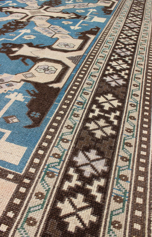 Turkish Rug with Unique Blue and Brown Colors - This stunning Turkish rug features a large geometric design and a unique color combination. Set on a blue background, this Turkish rug has variated colors of brown, taupe and other neutral hues. Measures... - Keivan Woven ArtsTU - TRS - 3255 - 5844Rug