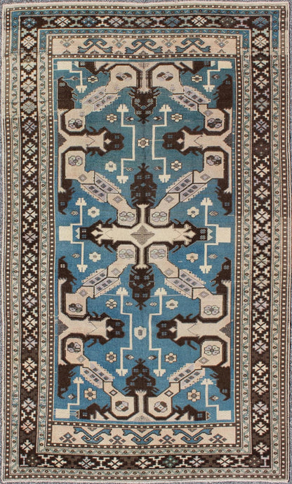 Turkish Rug with Unique Blue and Brown Colors - This stunning Turkish rug features a large geometric design and a unique color combination. Set on a blue background, this Turkish rug has variated colors of brown, taupe and other neutral hues. Measures... - Keivan Woven ArtsTU - TRS - 3255 - 5844Rug