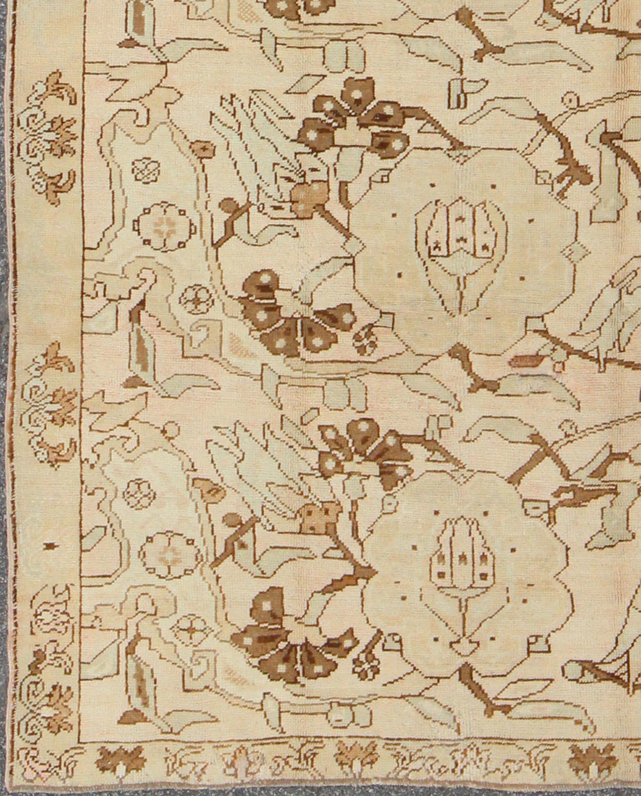 All - over entwined blossoms vintage Turkish Oushak rug in brown, taupe, cream, rug tu - TRS - 3257, country of origin / type: Turkey / Oushak, circa 1940. Keivan Woven Arts, Set on an airy cream - colored background with an all - over pattern, this bea... - Keivan Woven ArtsTU - TRS - 3257 - 6412Rug