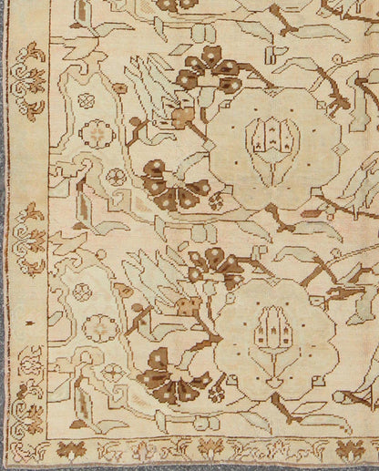 All - over entwined blossoms vintage Turkish Oushak rug in brown, taupe, cream, rug tu - TRS - 3257, country of origin / type: Turkey / Oushak, circa 1940. Keivan Woven Arts, Set on an airy cream - colored background with an all - over pattern, this bea... - Keivan Woven ArtsTU - TRS - 3257 - 6412Rug