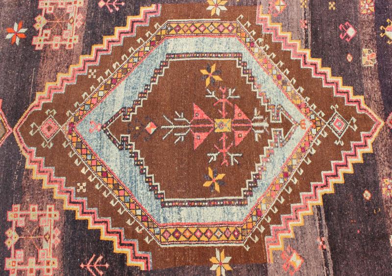 Large Gallery Rug with Geometric Medallions in Dark Brown, Orange & Multi Colors. Vintage wide and long gallery runner from Turkey with geometric layered Medallion design in Brown background and various tones of orange, coral, salmon, pink, ligh... - Keivan Woven ArtsTU - TRS - 3260 - 6418Rug