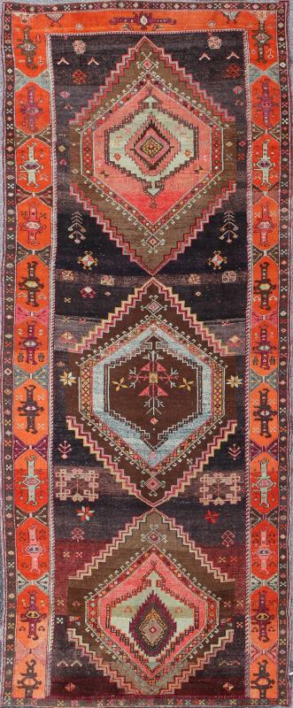 Large Gallery Rug with Geometric Medallions in Dark Brown, Orange & Multi Colors. Vintage wide and long gallery runner from Turkey with geometric layered Medallion design in Brown background and various tones of orange, coral, salmon, pink, ligh... - Keivan Woven ArtsTU - TRS - 3260 - 6418Rug
