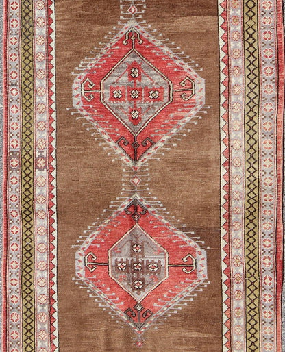 Vintage Turkish Oushak Rug with Three Large Medallions and Multiple Borders This beautiful vintage Oushak runner from mid - 20th century Turkey features a Classic Oushak design, which is enhanced by its lustrous wool. The faint brown ground is hom... - Keivan Woven ArtsTU - TRS - 3432 - 5920Rug