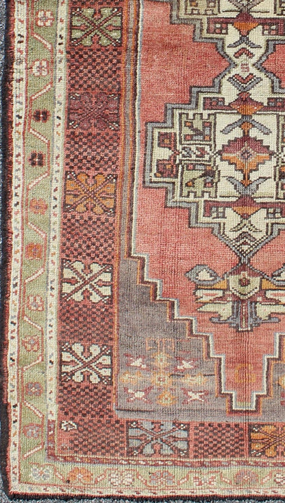 Soft red and green vintage Turkish Oushak rug with sub - geometric dual medallions. Keivan Woven Arts / rug TU - TRS - 3435, country of origin / type: Turkey / Oushak, circa 1940 Measures: 3'9 x 7'9. This Turkish rug features a dual central medallion d... - Keivan Woven ArtsTU - TRS - 3435 - 5854Rug