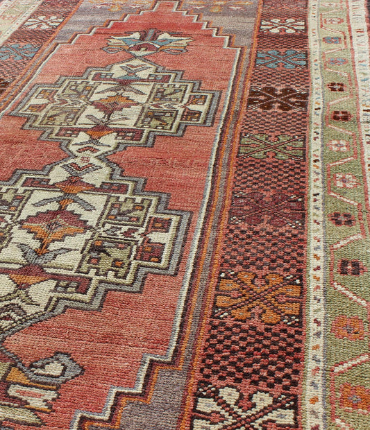 Soft red and green vintage Turkish Oushak rug with sub - geometric dual medallions. Keivan Woven Arts / rug TU - TRS - 3435, country of origin / type: Turkey / Oushak, circa 1940 Measures: 3'9 x 7'9. This Turkish rug features a dual central medallion d... - Keivan Woven ArtsTU - TRS - 3435 - 5854