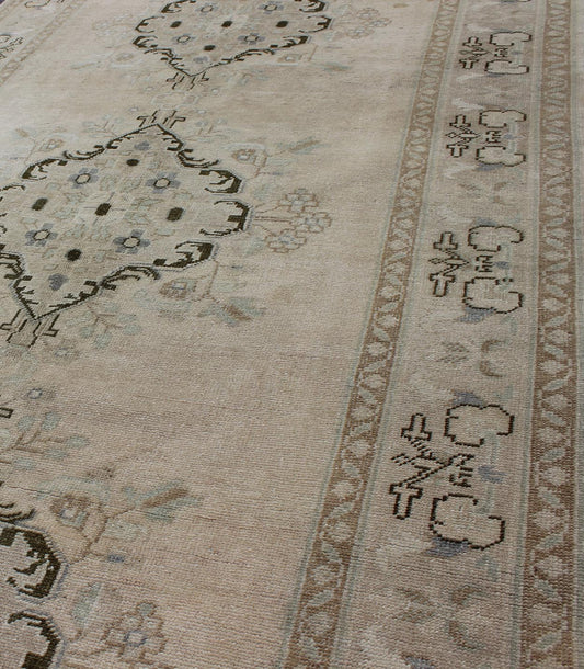 Vintage Turkish Oushak Rug with Three Central Medallions in Taupe, Ivory & Gray kwarugs Oushak Vintage Turkish Rug with Three Central Medallions rug/ tu - trs - 3436 origin/ turkey This vintage Oushak beautifully illustrates the impressive cr... - Keivan Woven ArtsTU - TRS - 3436 - 6207Rug
