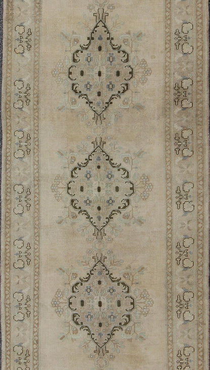 Vintage Turkish Oushak Rug with Three Central Medallions in Taupe, Ivory & Gray kwarugs Oushak Vintage Turkish Rug with Three Central Medallions rug/ tu - trs - 3436 origin/ turkey This vintage Oushak beautifully illustrates the impressive cr... - Keivan Woven ArtsTU - TRS - 3436 - 6207Rug