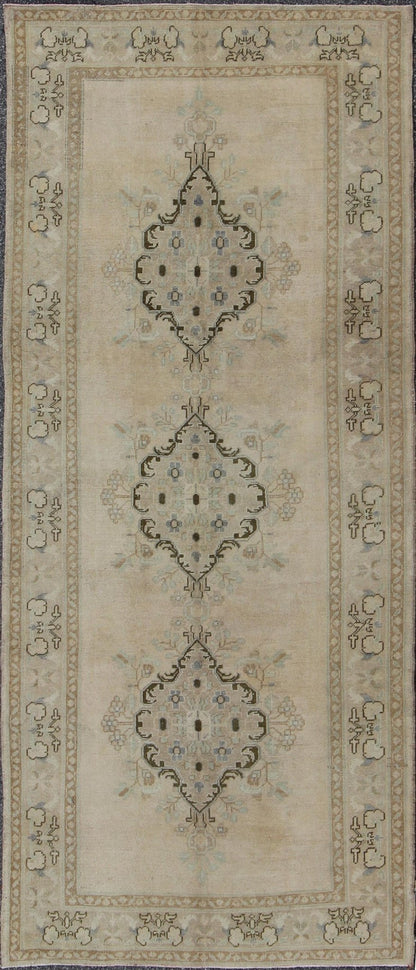 Vintage Turkish Oushak Rug with Three Central Medallions in Taupe, Ivory & Gray kwarugs Oushak Vintage Turkish Rug with Three Central Medallions rug/ tu - trs - 3436 origin/ turkey This vintage Oushak beautifully illustrates the impressive cr... - Keivan Woven ArtsTU - TRS - 3436 - 6207Rug