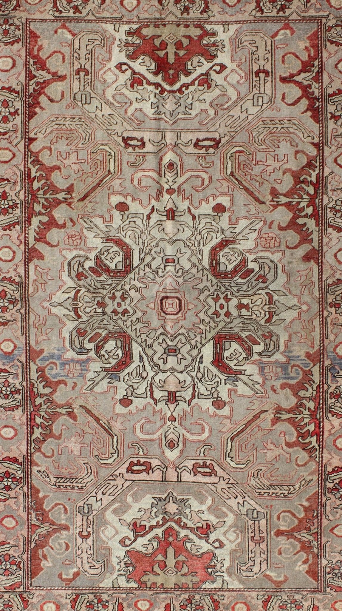 Antique Sevas Turkish Rug Sevas/Sivas rugs from western Anatolia are renowned for their fine weaves and intricate designs. Set on a taupe and warm grey background, this outstanding small rug displays a variety of reds, pale green and soft pink, ... - Keivan Woven ArtsTU - TRS - 3455 - 6219Rug