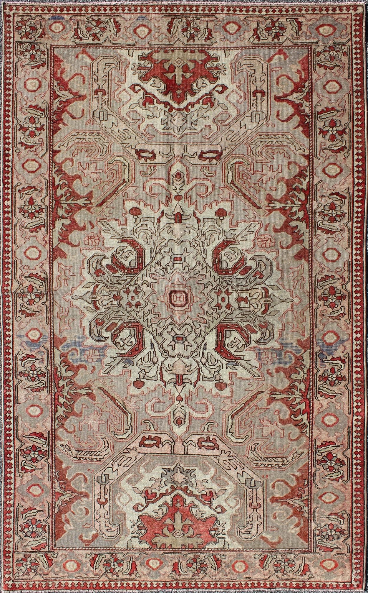 Antique Sevas Turkish Rug Sevas/Sivas rugs from western Anatolia are renowned for their fine weaves and intricate designs. Set on a taupe and warm grey background, this outstanding small rug displays a variety of reds, pale green and soft pink, ... - Keivan Woven ArtsTU - TRS - 3455 - 6219Rug