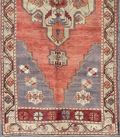 Vintage Turkish Oushak Gallery runner with geometric dual medallions in red, gray, ivory, rug Keivan Woven Arts/ rug/ TU - TRS - 34561, country of origin / type: Turkey / Oushak, circa 1940 Measures: 4'11 x 14'7. This Turkish gallery runner ... - Keivan Woven ArtsTU - TRS - 34561 - 5864Rug