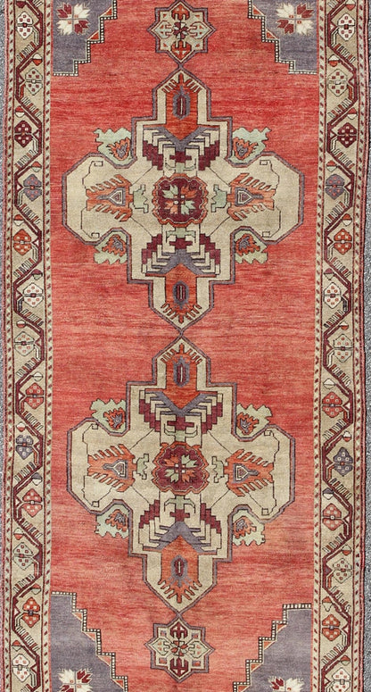 Vintage Turkish Oushak Gallery runner with geometric dual medallions in red, gray, ivory, rug Keivan Woven Arts/ rug/ TU - TRS - 34561, country of origin / type: Turkey / Oushak, circa 1940 Measures: 4'11 x 14'7. This Turkish gallery runner ... - Keivan Woven ArtsTU - TRS - 34561 - 5864Rug
