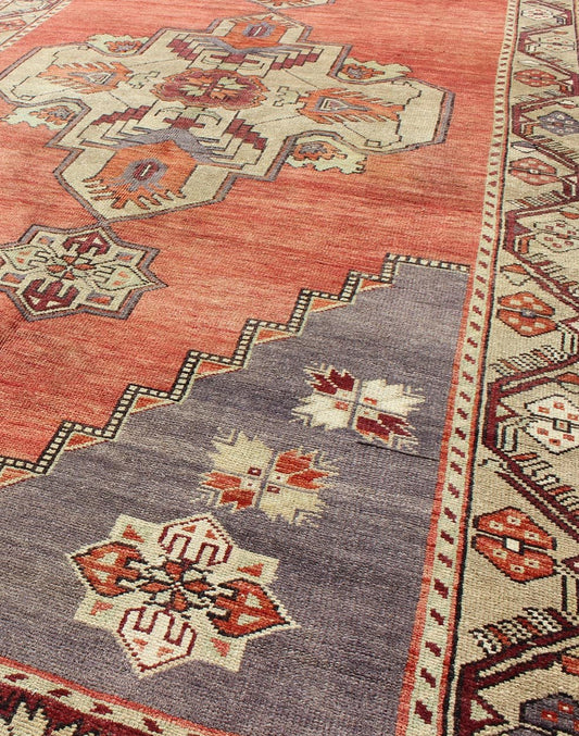 Vintage Turkish Oushak Gallery runner with geometric dual medallions in red, gray, ivory, rug Keivan Woven Arts/ rug/ TU - TRS - 34561, country of origin / type: Turkey / Oushak, circa 1940 Measures: 4'11 x 14'7. This Turkish gallery runner ... - Keivan Woven ArtsTU - TRS - 34561 - 5864Rug