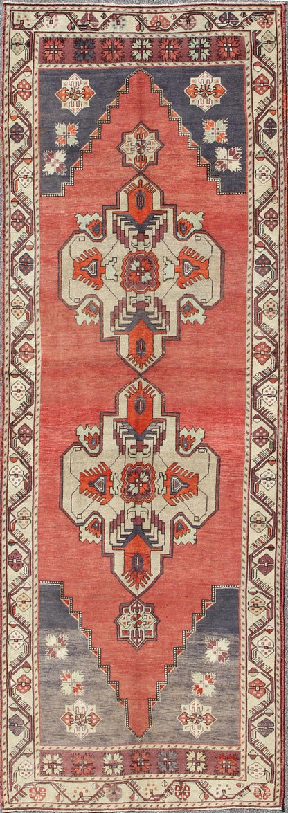 Vintage Turkish Oushak Gallery runner medallions in Light Green, coral red, gray, Turkish Oushak gallery runner with geometric dual medallions, Keivan Woven Arts/ rug/ TU - TRS - 34562, country of origin / type: Turkey / Oushak, circa 1940 Measures:... - Keivan Woven ArtsTU - TRS - 34562 - 5870Rug