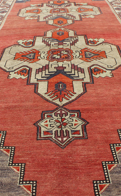 Vintage Turkish Oushak Gallery runner medallions in Light Green, coral red, gray, Turkish Oushak gallery runner with geometric dual medallions, Keivan Woven Arts/ rug/ TU - TRS - 34562, country of origin / type: Turkey / Oushak, circa 1940 Measures:... - Keivan Woven ArtsTU - TRS - 34562 - 5870Rug