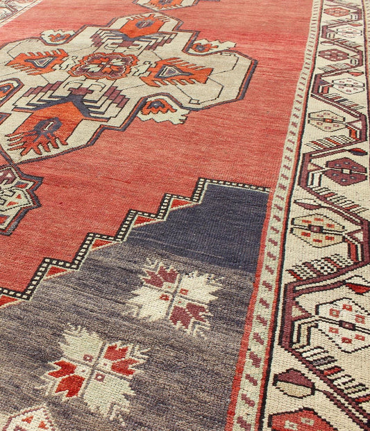 Vintage Turkish Oushak Gallery runner medallions in Light Green, coral red, gray, Turkish Oushak gallery runner with geometric dual medallions, Keivan Woven Arts/ rug/ TU - TRS - 34562, country of origin / type: Turkey / Oushak, circa 1940 Measures:... - Keivan Woven ArtsTU - TRS - 34562 - 5870
