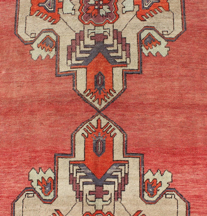 Vintage Turkish Oushak Gallery runner medallions in Light Green, coral red, gray, Turkish Oushak gallery runner with geometric dual medallions, Keivan Woven Arts/ rug/ TU - TRS - 34562, country of origin / type: Turkey / Oushak, circa 1940 Measures:... - Keivan Woven ArtsTU - TRS - 34562 - 5870Rug