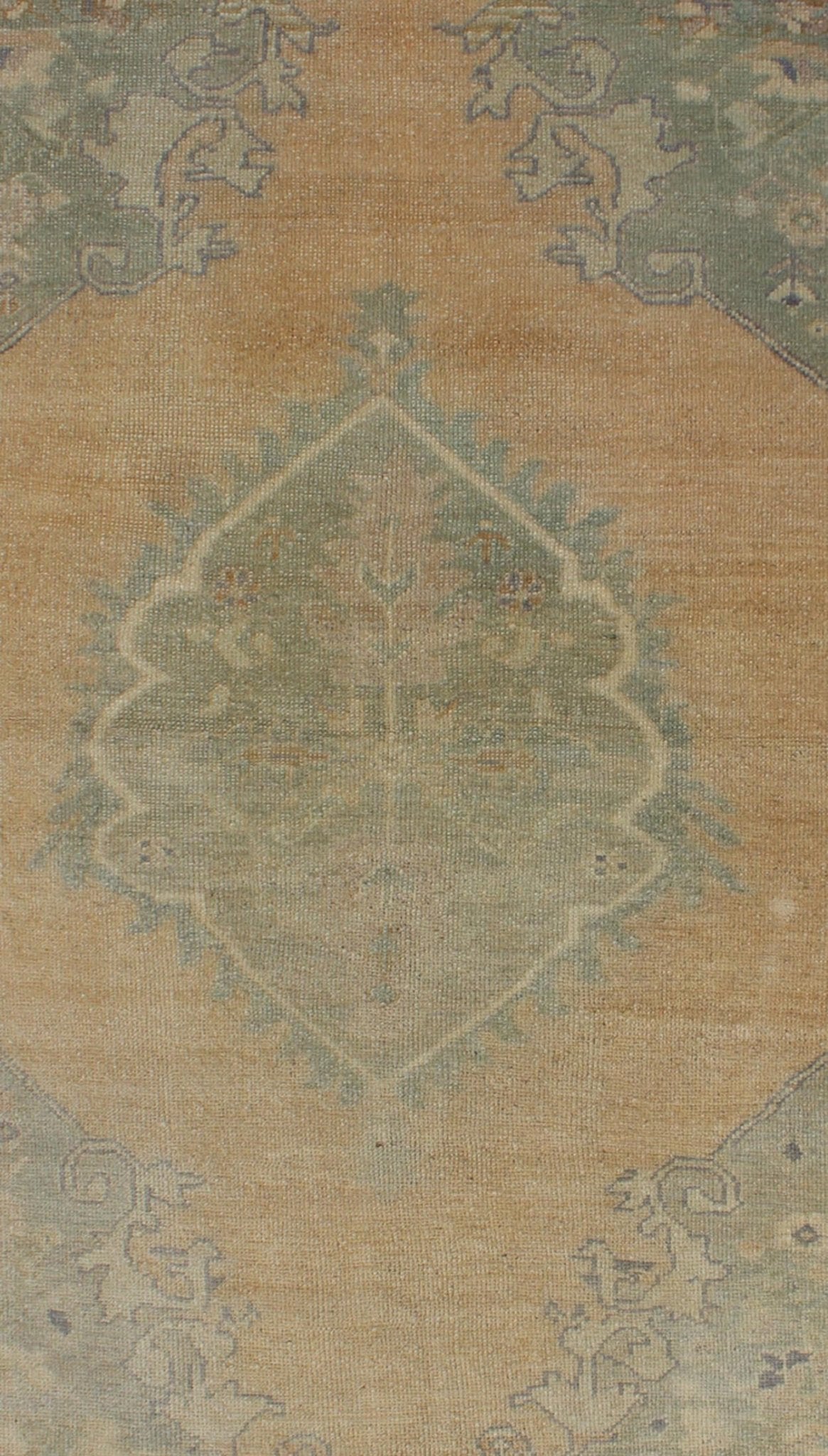 Vintage small Oushak Rug from Turkey with Medallion Design in celery Green & light Amber. Green, light Amber, Vintage Oushak rug with light purple highlights in Medallion Design, rug/TU - TRS - 3471 , country of origin / type: Turkey / Oushak, circ... - Keivan Woven ArtsTU - TRS - 3471 - 5860Rug