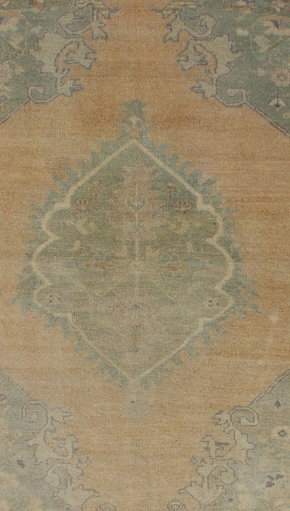 Vintage small Oushak Rug from Turkey with Medallion Design in celery Green & light Amber. Green, light Amber, Vintage Oushak rug with light purple highlights in Medallion Design, rug/TU - TRS - 3471 , country of origin / type: Turkey / Oushak, circ... - Keivan Woven ArtsTU - TRS - 3471 - 5860Rug