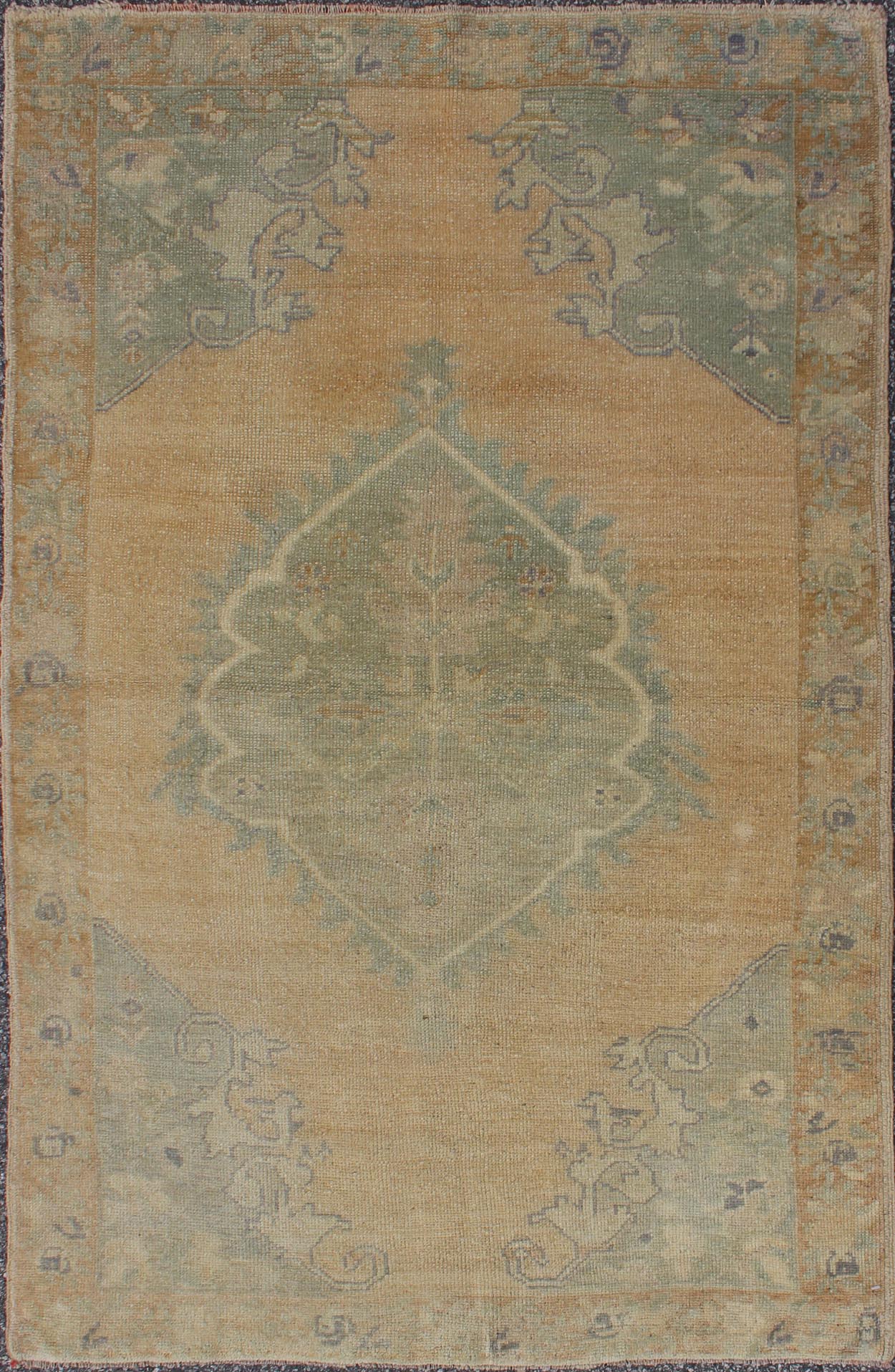 Vintage small Oushak Rug from Turkey with Medallion Design in celery Green & light Amber. Green, light Amber, Vintage Oushak rug with light purple highlights in Medallion Design, rug/TU - TRS - 3471 , country of origin / type: Turkey / Oushak, circ... - Keivan Woven ArtsTU - TRS - 3471 - 5860Rug