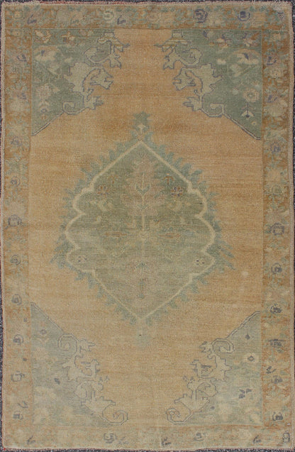 Vintage small Oushak Rug from Turkey with Medallion Design in celery Green & light Amber. Green, light Amber, Vintage Oushak rug with light purple highlights in Medallion Design, rug/TU - TRS - 3471 , country of origin / type: Turkey / Oushak, circ... - Keivan Woven ArtsTU - TRS - 3471 - 5860Rug