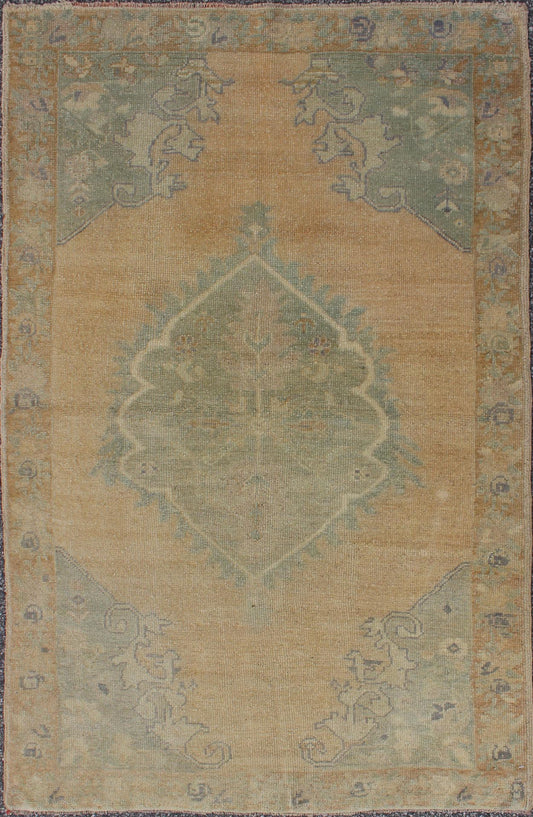 Vintage small Oushak Rug from Turkey with Medallion Design in celery Green & light Amber. Green, light Amber, Vintage Oushak rug with light purple highlights in Medallion Design, rug/TU - TRS - 3471 , country of origin / type: Turkey / Oushak, circ... - Keivan Woven ArtsTU - TRS - 3471 - 5860Rug
