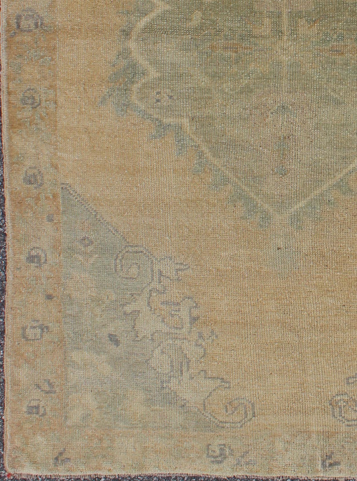 Vintage small Oushak Rug from Turkey with Medallion Design in celery Green & light Amber. Green, light Amber, Vintage Oushak rug with light purple highlights in Medallion Design, rug/TU - TRS - 3471 , country of origin / type: Turkey / Oushak, circ... - Keivan Woven ArtsTU - TRS - 3471 - 5860Rug